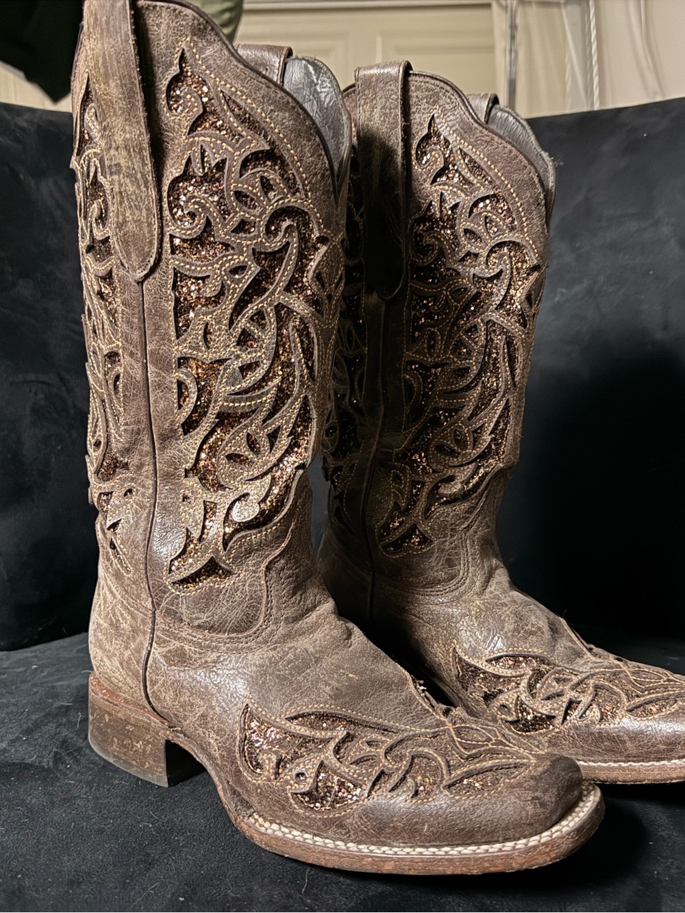 Western Cowgirl Boots - Brown leather glitter embellishment J.B Dillon size 7b